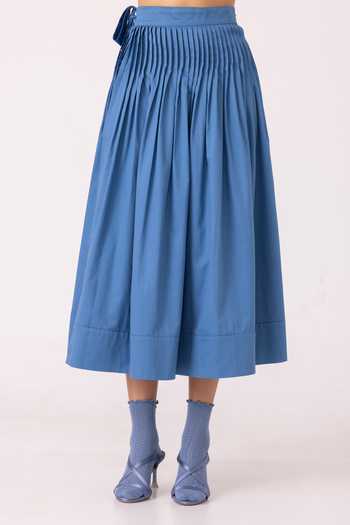 The Summer House_Blue Cotton Tereza Pleated Wrap Skirt _at_Aza_Fashions