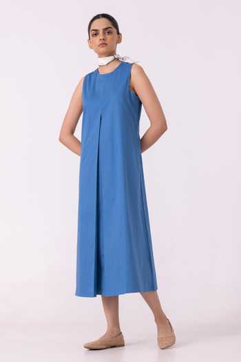 Buy_The Summer House_Blue Cotton Round Neck Brooke A Line Midi Dress _at_Aza_Fashions