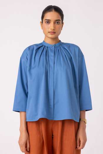 The Summer House_Blue Cotton Mandarin Collar Matilda Top _Online_at_Aza_Fashions