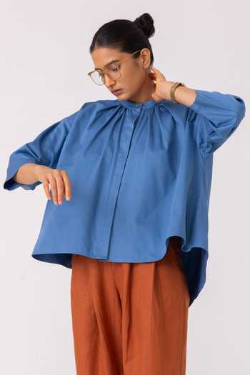 Buy_The Summer House_Blue Cotton Mandarin Collar Matilda Top _Online_at_Aza_Fashions