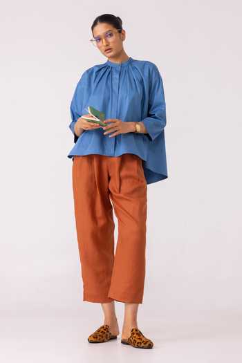 Shop_The Summer House_Blue Cotton Mandarin Collar Matilda Top _Online_at_Aza_Fashions