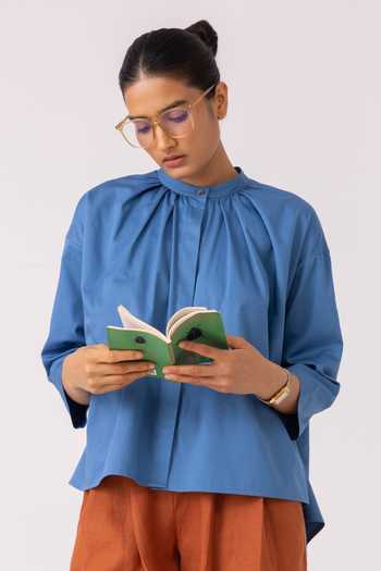 The Summer House_Blue Cotton Mandarin Collar Matilda Top _at_Aza_Fashions