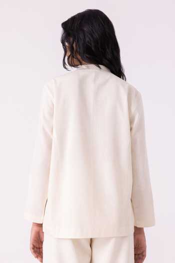 Shop_The Summer House_Off White Handloom Cotton Mandarin Collar Alma Handwoven Shacket _at_Aza_Fashions