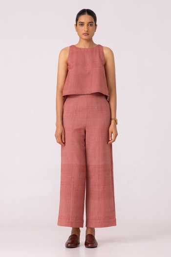 The Summer House_Red Cotton, Twill Moira Handwoven Denim Pant _Online_at_Aza_Fashions