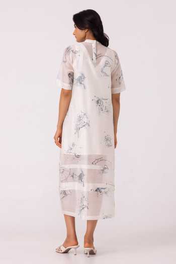 Shop_The Summer House_Multi Color Chanderi High Neck Larisa Zodiac Print Handwoven Dress _at_Aza_Fashions