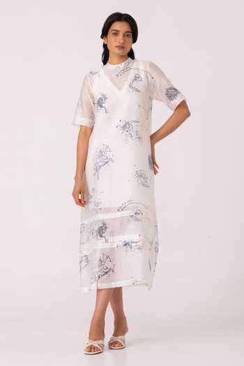 Buy_The Summer House_Multi Color Chanderi High Neck Larisa Zodiac Print Handwoven Dress _at_Aza_Fashions