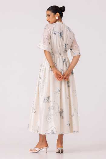 Shop_The Summer House_Multi Color Chanderi Round Neck Arha Zodiac Print Handwoven Dress _at_Aza_Fashions