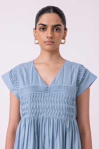 The Summer House_Blue Cotton, Cambric V-neck Aelia Pleated Midi Dress _Online_at_Aza_Fashions