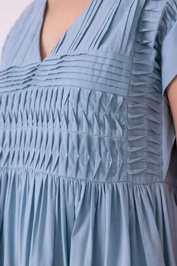 Buy_The Summer House_Blue Cotton, Cambric V-neck Aelia Pleated Midi Dress _Online_at_Aza_Fashions