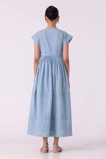 Shop_The Summer House_Blue Cotton, Cambric V-neck Aelia Pleated Midi Dress _at_Aza_Fashions