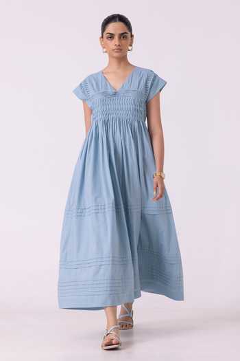 Shop_The Summer House_Blue Cotton, Cambric V-neck Aelia Pleated Midi Dress _Online_at_Aza_Fashions