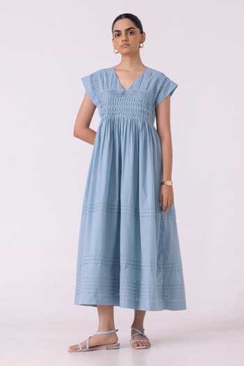 Buy_The Summer House_Blue Cotton, Cambric V-neck Aelia Pleated Midi Dress _at_Aza_Fashions