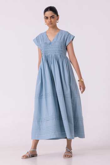 The Summer House_Blue Cotton, Cambric V-neck Aelia Pleated Midi Dress _Online