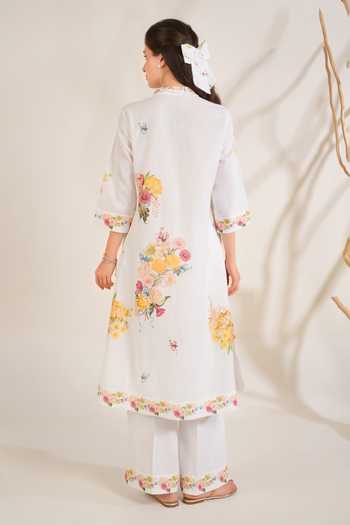 Shop_Moh India_White Linen Collared, Yes Summer Love Button Down Kurta Set _at_Aza_Fashions