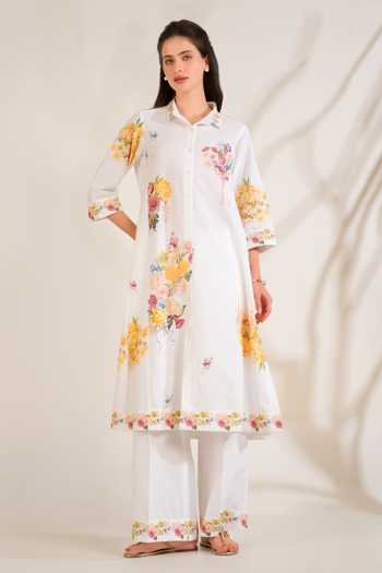 Buy_Moh India_White Linen Collared, Yes Summer Love Button Down Kurta Set _Online_at_Aza_Fashions