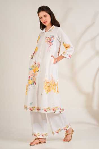 Shop_Moh India_White Linen Collared, Yes Summer Love Button Down Kurta Set _Online_at_Aza_Fashions