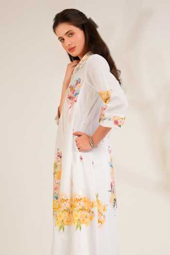 Moh India_White Linen Collared, Yes Summer Love Button Down Kurta Set _at_Aza_Fashions