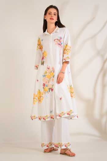 Buy_Moh India_White Linen Collared, Yes Summer Love Button Down Kurta Set 