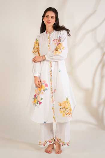 Buy_Moh India_Pink Cotton, Poplin Mandarin Collar Summer Love Shirt Kurta And Pant Set _at_Aza_Fashions