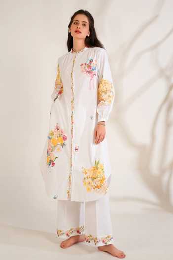 Shop_Moh India_Pink Cotton, Poplin Mandarin Collar Summer Love Shirt Kurta And Pant Set _Online