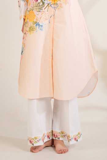 Moh India_Peach Cotton, Poplin Mandarin Collar, Yes English Summer Shirt Kurta And Pant Set _Online_at_Aza_Fashions