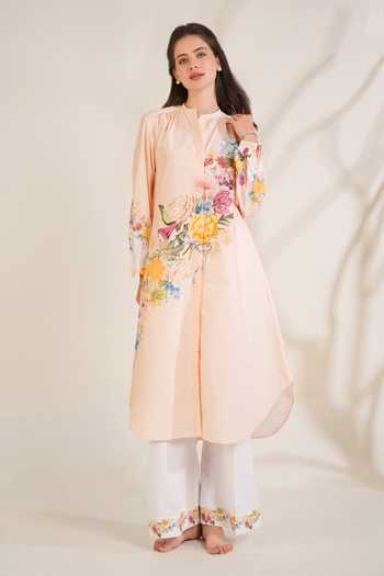 Buy_Moh India_Peach Cotton, Poplin Mandarin Collar, Yes English Summer Shirt Kurta And Pant Set _at_Aza_Fashions