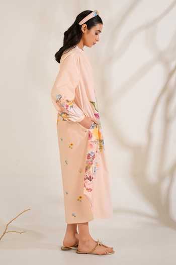 Buy_Moh India_Peach Cotton, Poplin Mandarin Collar, Yes English Summer Shirt Kurta And Pant Set _Online_at_Aza_Fashions