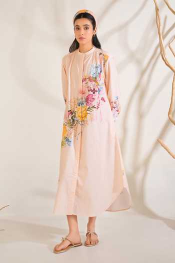 Shop_Moh India_Peach Cotton, Poplin Mandarin Collar, Yes English Summer Shirt Kurta And Pant Set _Online_at_Aza_Fashions