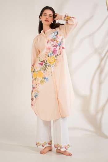 Moh India_Peach Cotton, Poplin Mandarin Collar, Yes English Summer Shirt Kurta And Pant Set _at_Aza_Fashions