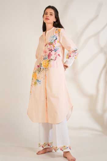 Buy_Moh India_Peach Cotton, Poplin Mandarin Collar, Yes English Summer Shirt Kurta And Pant Set 