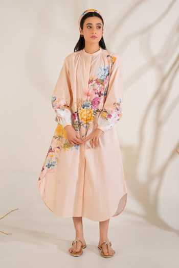 Shop_Moh India_Peach Cotton, Poplin Mandarin Collar, Yes English Summer Shirt Kurta And Pant Set 
