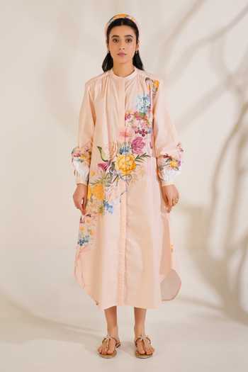 Moh India_Peach Cotton, Poplin Mandarin Collar, Yes English Summer Shirt Kurta And Pant Set _Online
