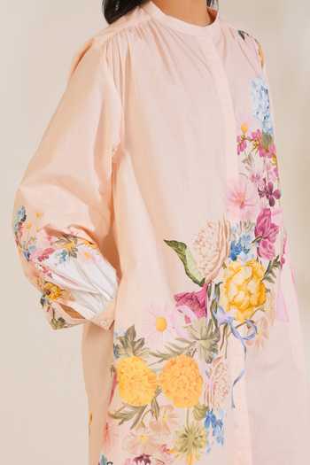 Buy_Moh India_Peach Cotton, Poplin Mandarin Collar, Yes English Summer Shirt Kurta And Pant Set _Online