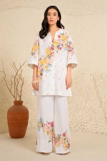 Buy_Moh India_Pink Linen Split V-neck, Yes Gardenia Shirt Kurta And Pant Set _at_Aza_Fashions