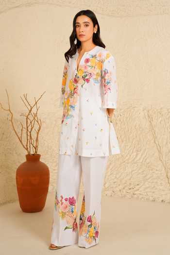 Shop_Moh India_Pink Linen Split V-neck, Yes Gardenia Shirt Kurta And Pant Set _at_Aza_Fashions