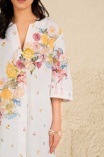 Moh India_Pink Linen Split V-neck, Yes Gardenia Shirt Kurta And Pant Set _Online_at_Aza_Fashions