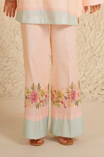Moh India_Pink Linen Mandarin Collar, Yes Willow Bloom Kurta And Pant Set _Online_at_Aza_Fashions