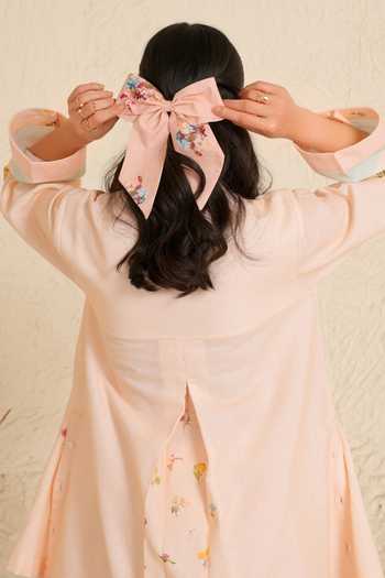 Buy_Moh India_Pink Linen Mandarin Collar, Yes Willow Bloom Kurta And Pant Set _Online_at_Aza_Fashions