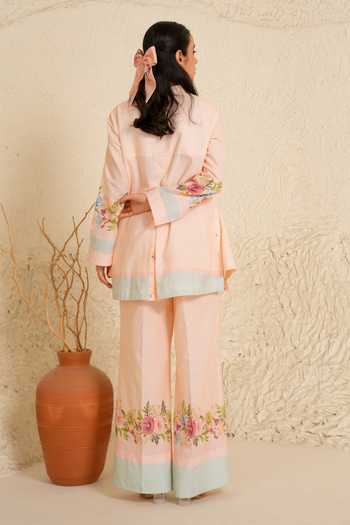 Shop_Moh India_Pink Linen Mandarin Collar, Yes Willow Bloom Kurta And Pant Set _at_Aza_Fashions