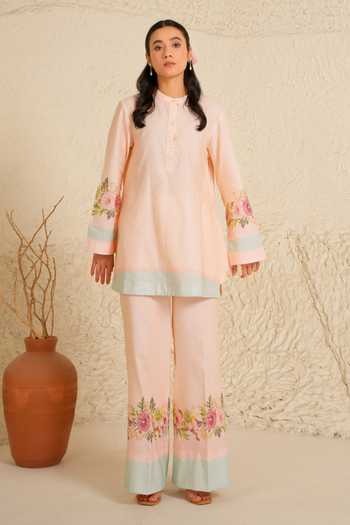 Shop_Moh India_Pink Linen Mandarin Collar, Yes Willow Bloom Kurta And Pant Set _Online_at_Aza_Fashions