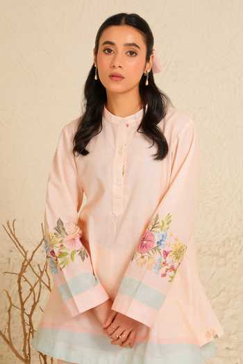 Moh India_Pink Linen Mandarin Collar, Yes Willow Bloom Kurta And Pant Set _at_Aza_Fashions