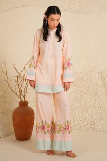 Buy_Moh India_Pink Linen Mandarin Collar, Yes Willow Bloom Kurta And Pant Set 