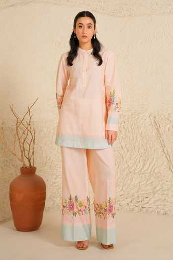 Shop_Moh India_Pink Linen Mandarin Collar, Yes Willow Bloom Kurta And Pant Set 