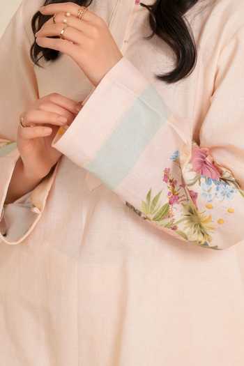 Moh India_Pink Linen Mandarin Collar, Yes Willow Bloom Kurta And Pant Set _Online