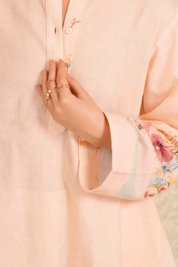 Buy_Moh India_Pink Linen Mandarin Collar, Yes Willow Bloom Kurta And Pant Set _Online