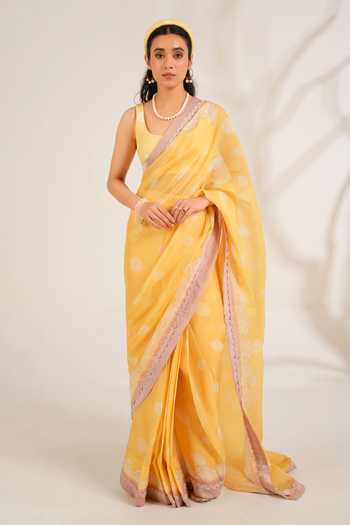 Buy_Moh India_White Organza, Linen Scoop Neck Marigold Printed Saree With Blouse _at_Aza_Fashions