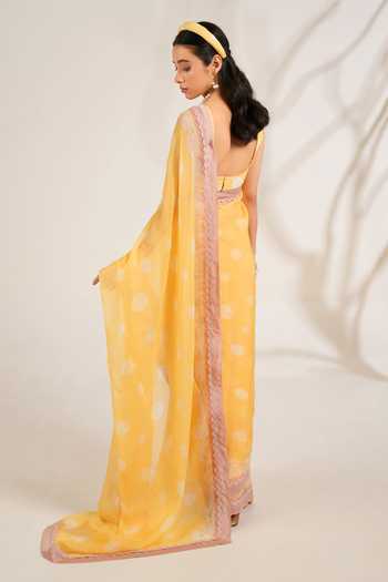 Shop_Moh India_White Organza, Linen Scoop Neck Marigold Printed Saree With Blouse _at_Aza_Fashions