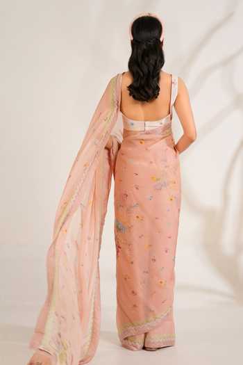 Shop_Moh India_Pink Organza, Chanderi Scoop Neck English Summer Saree With Blouse _at_Aza_Fashions