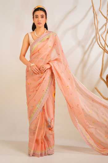 Buy_Moh India_Pink Organza, Chanderi Scoop Neck English Summer Saree With Blouse _at_Aza_Fashions