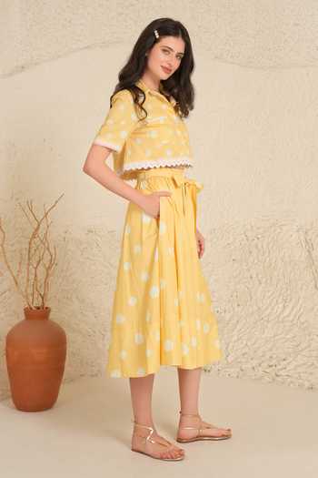 Shop_Moh India_Yellow Cotton, Poplin Collared Marigold Polka Dot Skirt Set _at_Aza_Fashions